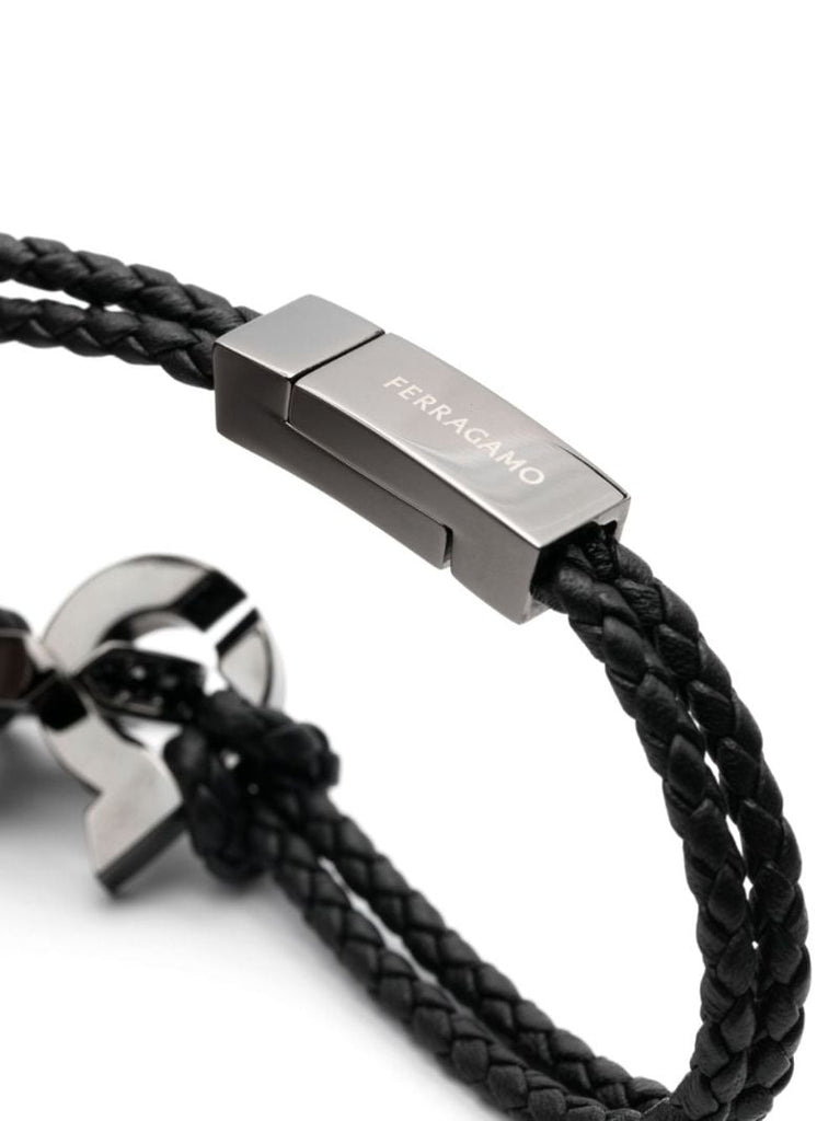 Black Gancini Plaque Leather Braided Bracelet