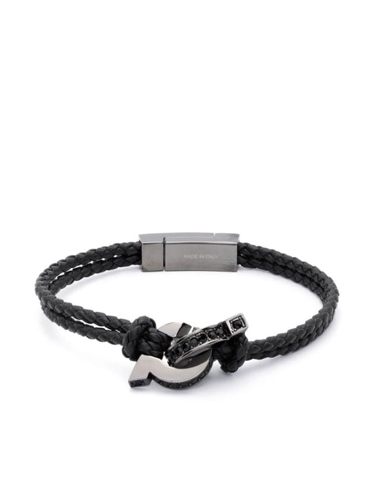 Black Gancini Plaque Leather Braided Bracelet
