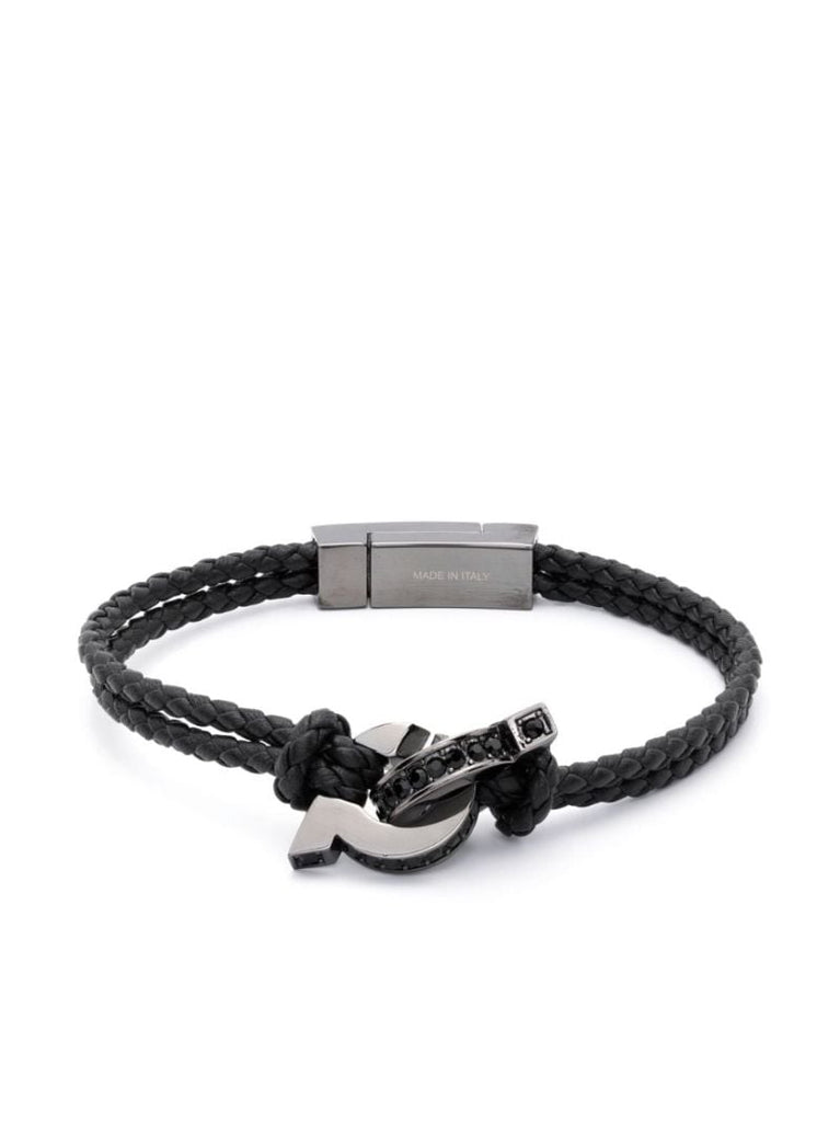 Black Gancini Plaque Leather Braided Bracelet