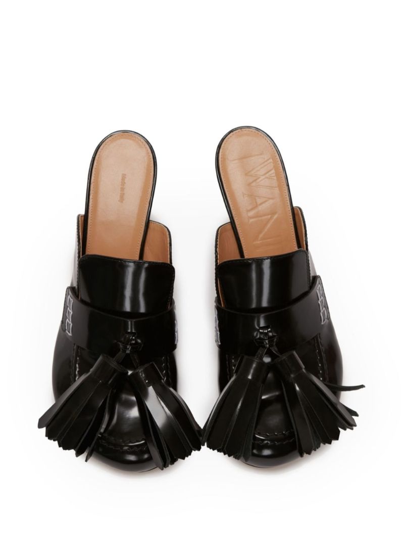 Black Tasseled Leather Mules