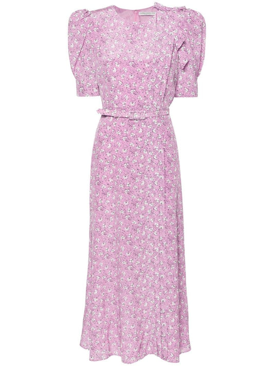 Pink Clover-print Silk Midi Dress