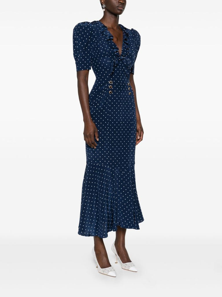 Blue Polka Dot Silk Midi Dress