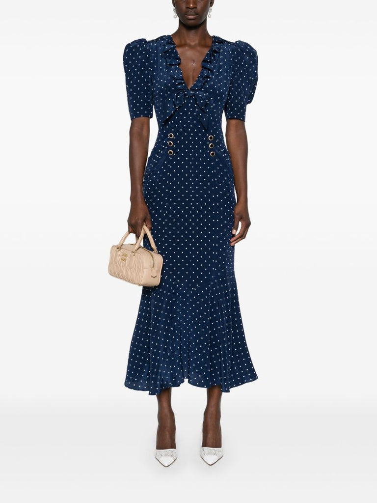 Blue Polka Dot Silk Midi Dress