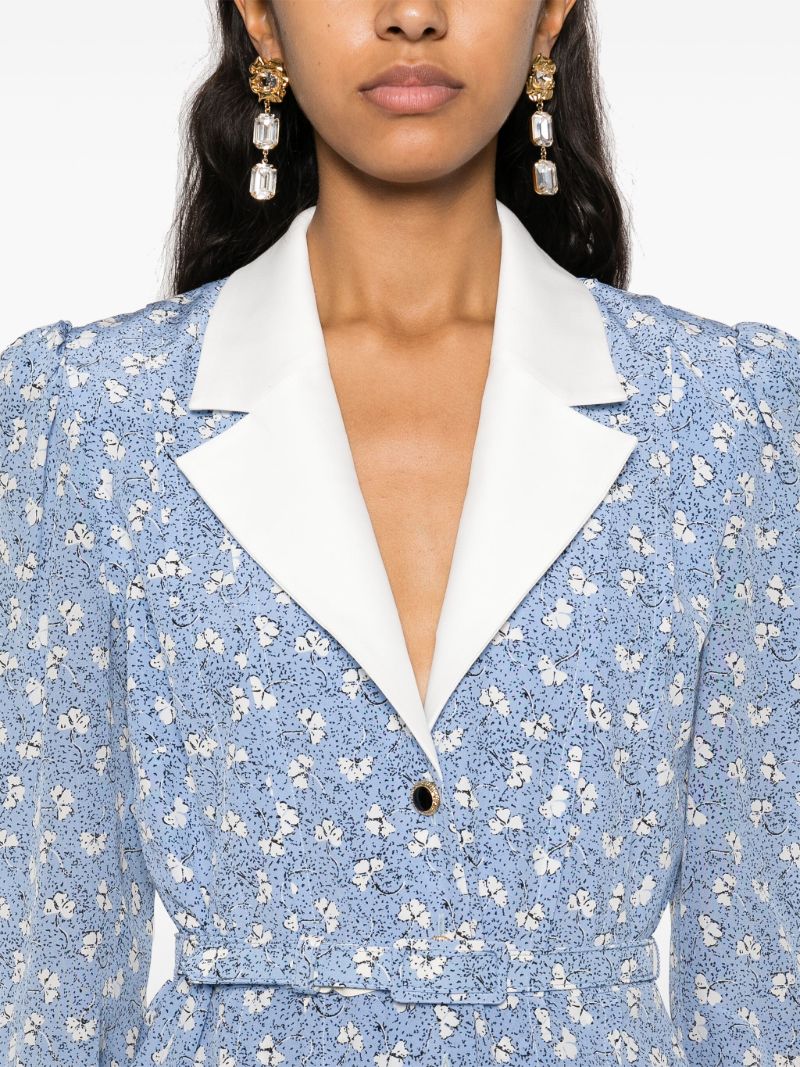 Blue Floral Print Silk Belted Dress