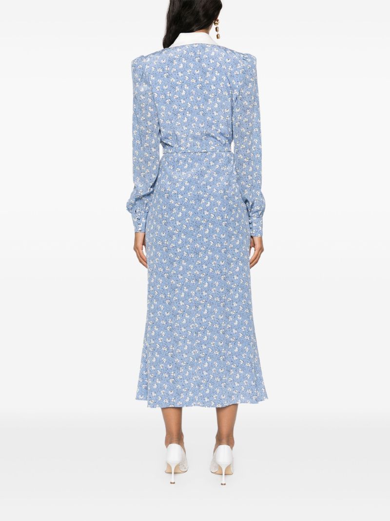 Blue Floral Print Silk Belted Dress