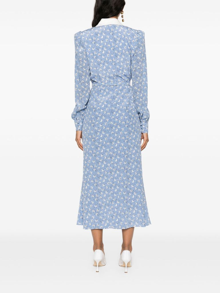 Blue Floral Print Silk Belted Dress