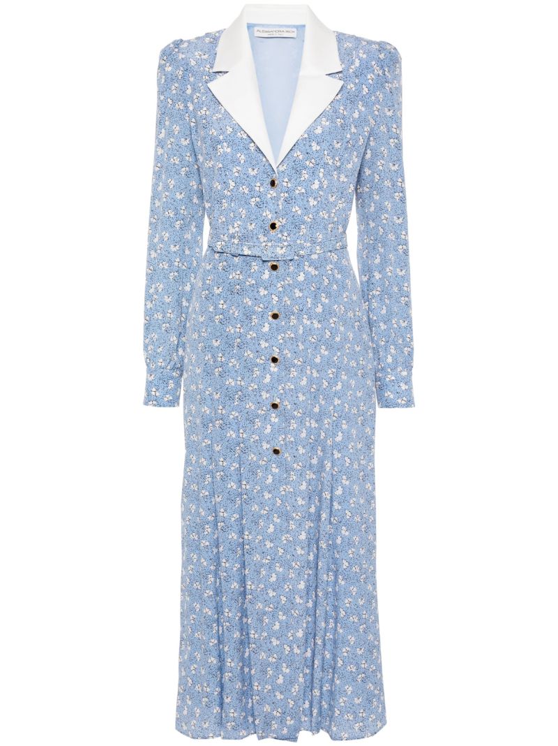 Blue Floral Print Silk Belted Dress