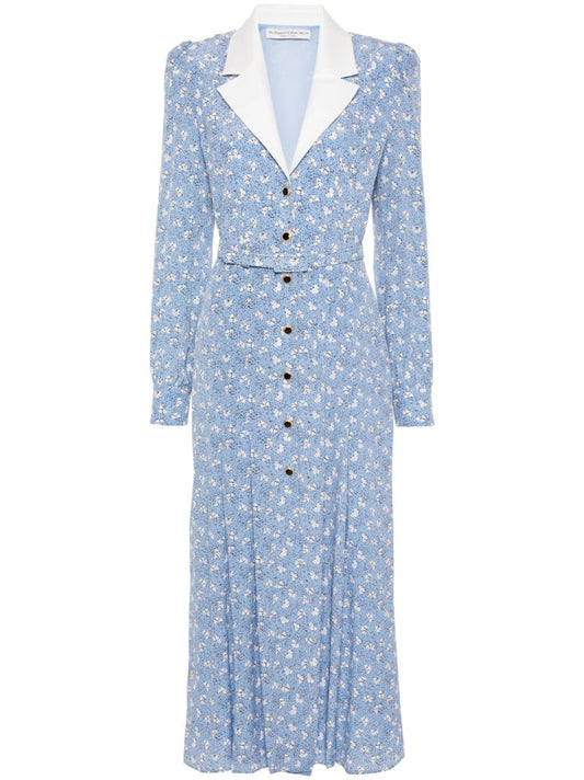 Blue Floral Print Silk Belted Dress