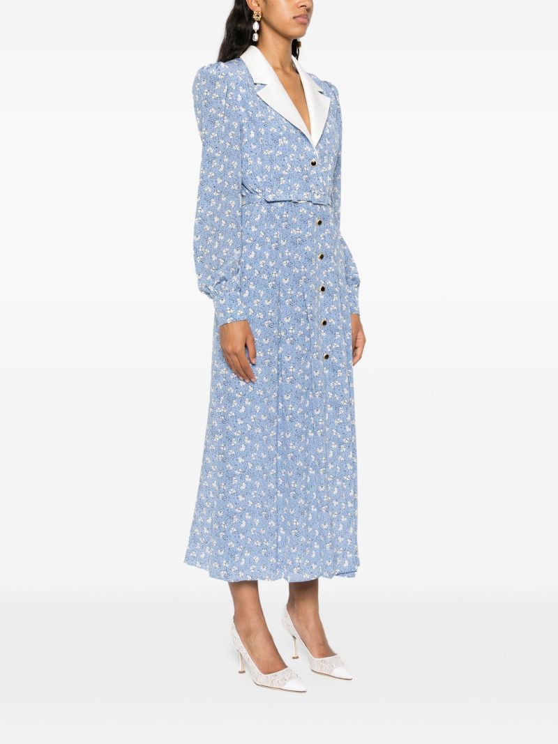 Blue Floral Print Silk Belted Dress