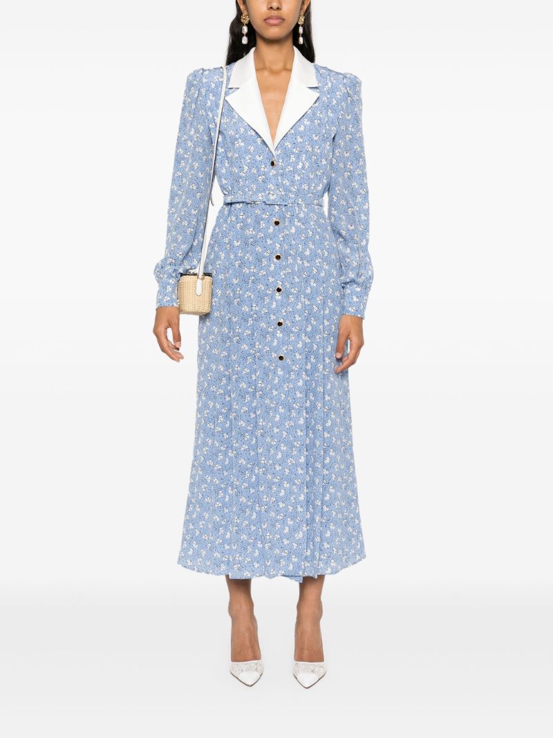 Blue Floral Print Silk Belted Dress