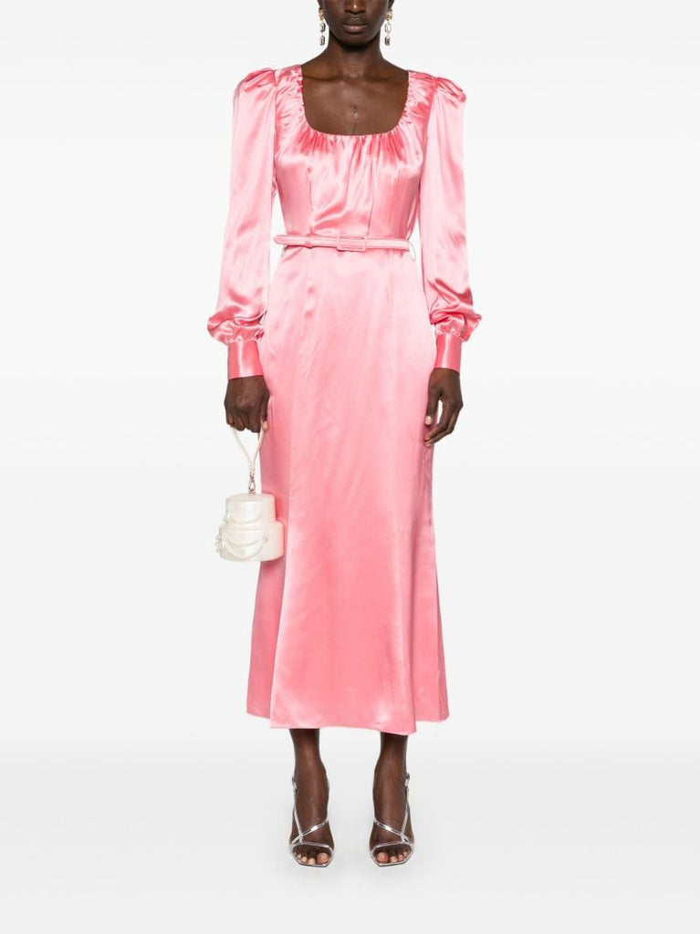 Pink Belted Silk Midi Dress