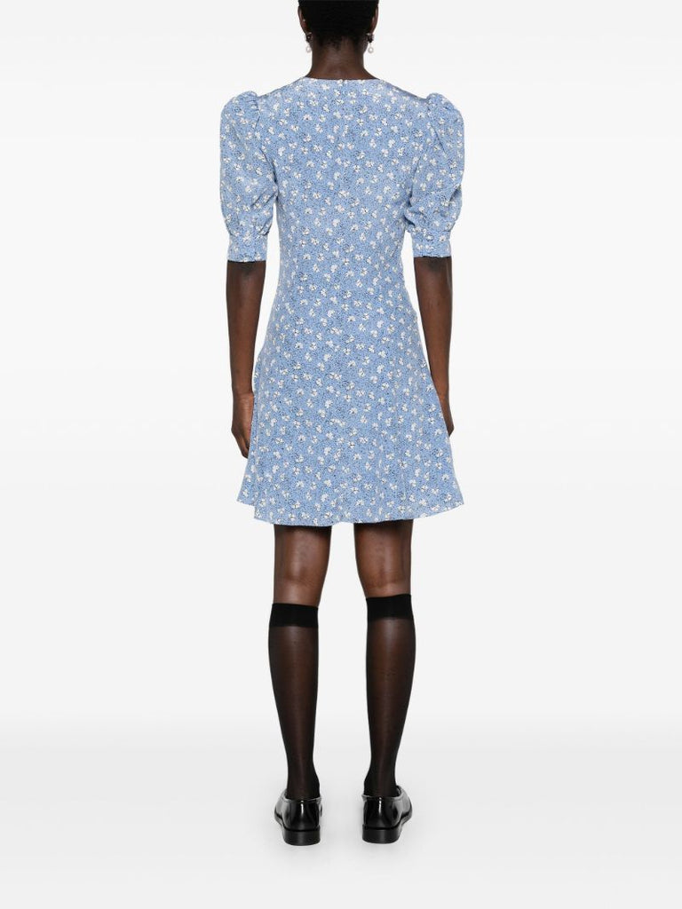 Blue Clover-print Silk Mini Dress