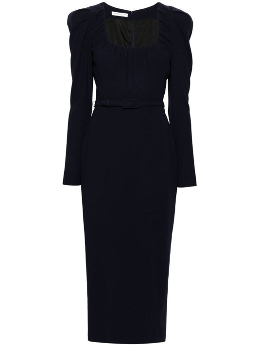 Blue Belted Wool Midi Dress