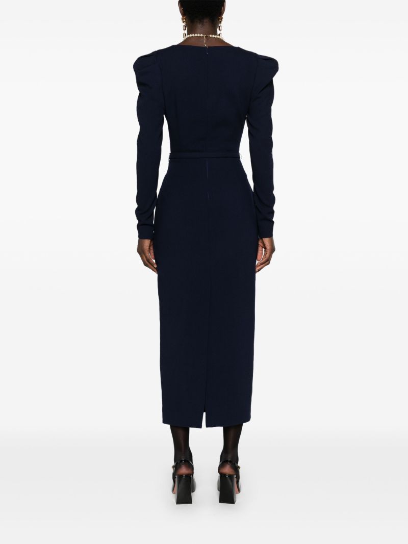 Blue Belted Wool Midi Dress
