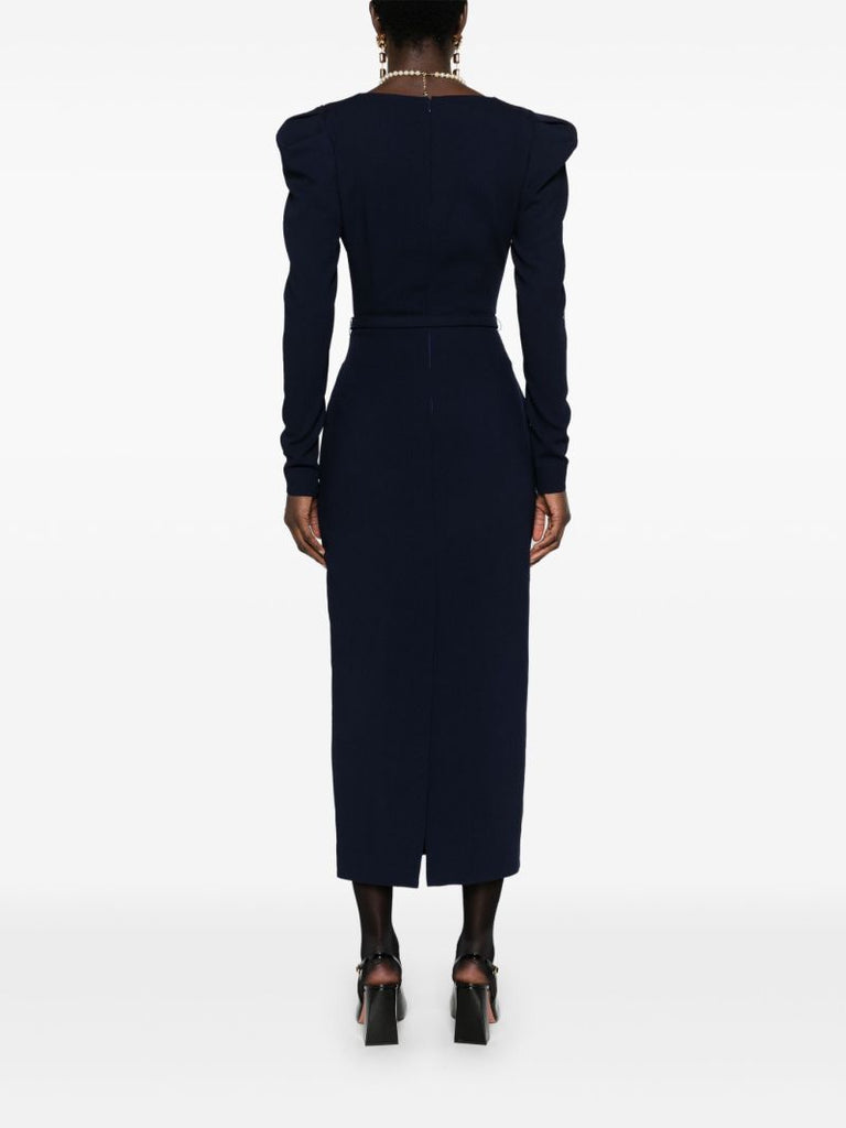 Blue Belted Wool Midi Dress