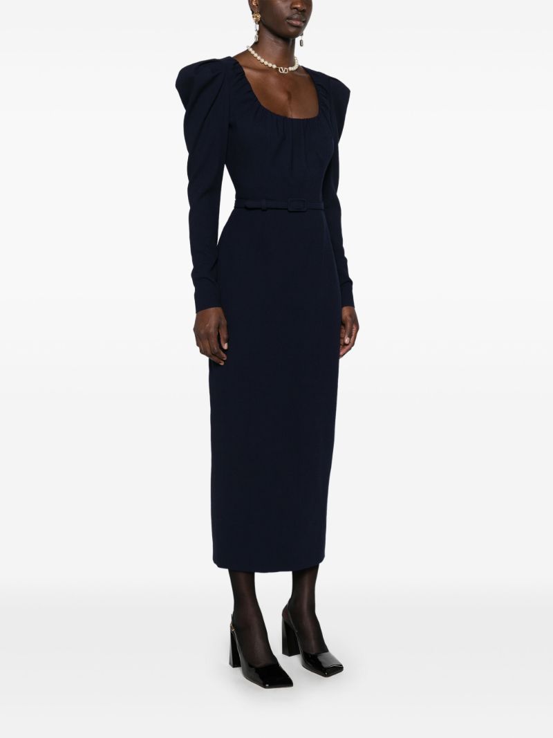 Blue Belted Wool Midi Dress
