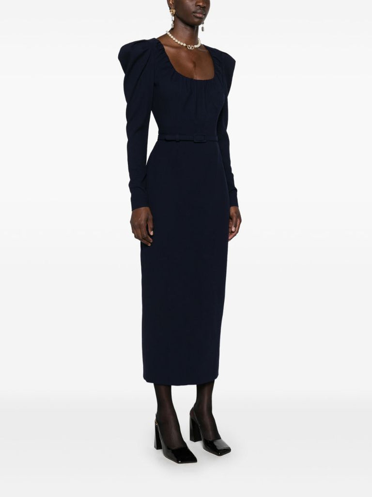 Blue Belted Wool Midi Dress