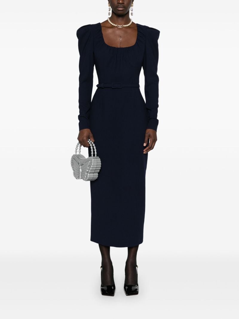 Blue Belted Wool Midi Dress