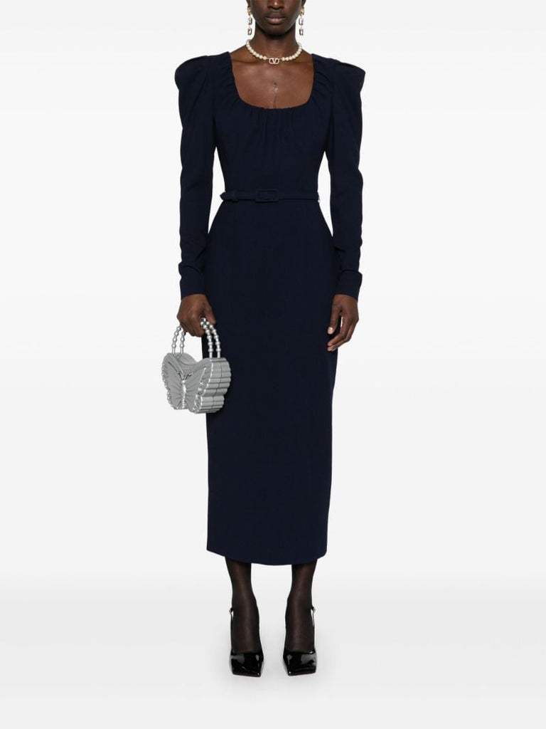 Blue Belted Wool Midi Dress