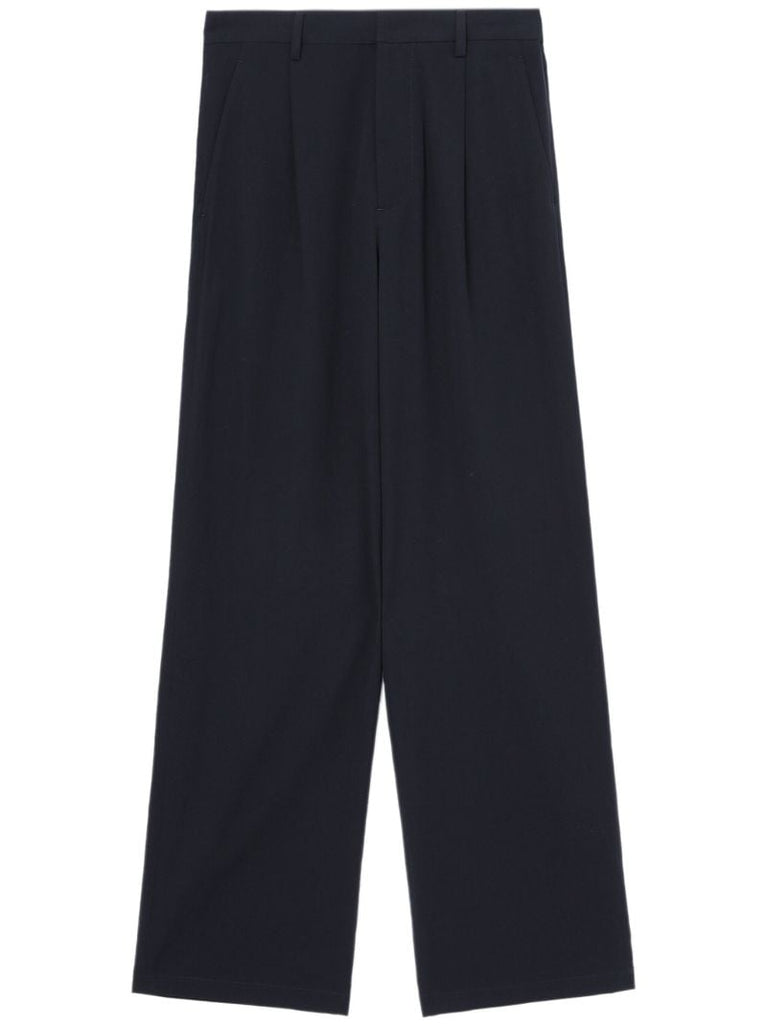 Blue Pleated Straight-leg Trousers