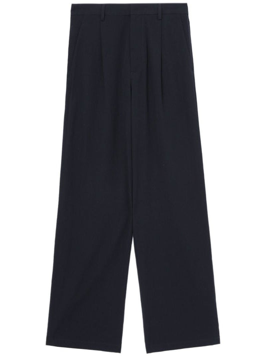 Blue Pleated Straight-leg Trousers