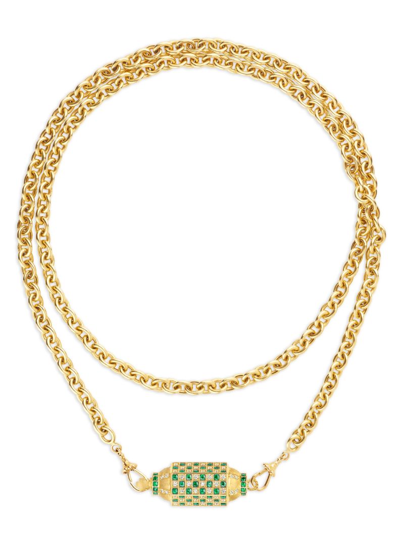 18k Yellow Gold Locket Diamond and Emerald Necklace