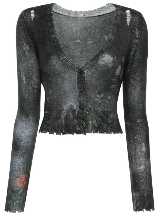 Black Floral-intarsia Cashmere Cardigan