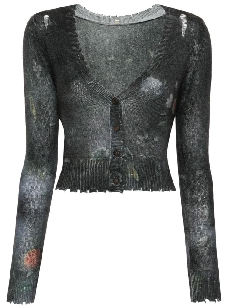 Black Floral-intarsia Cashmere Cardigan