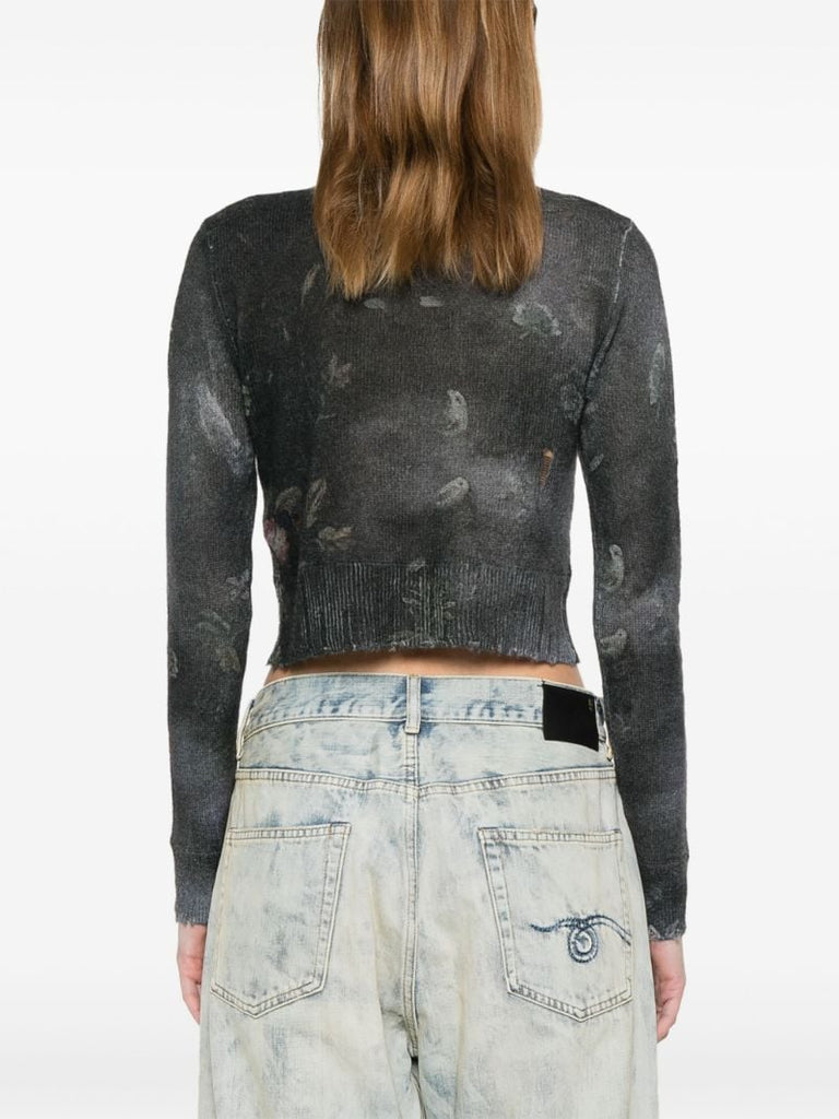 Black Floral-intarsia Cashmere Cardigan