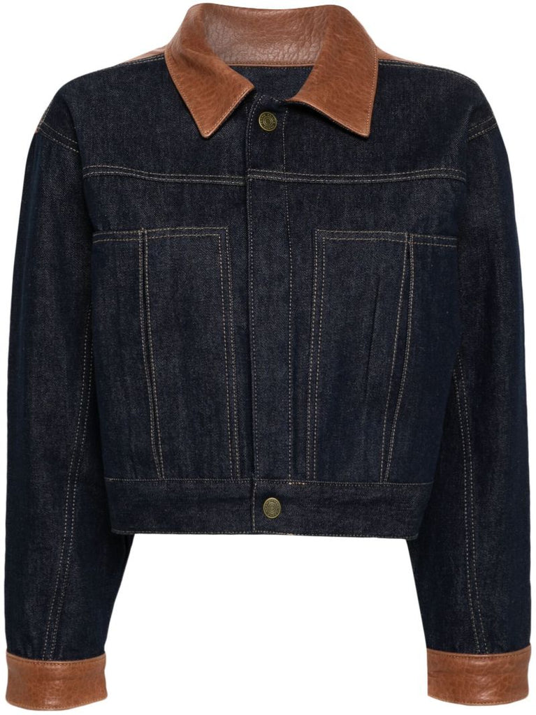 Blue Leather-trim Denim Jacket