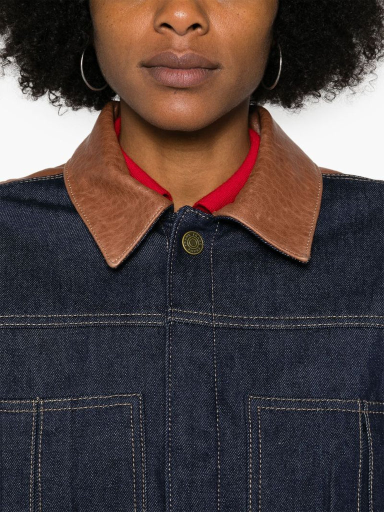 Blue Leather-trim Denim Jacket