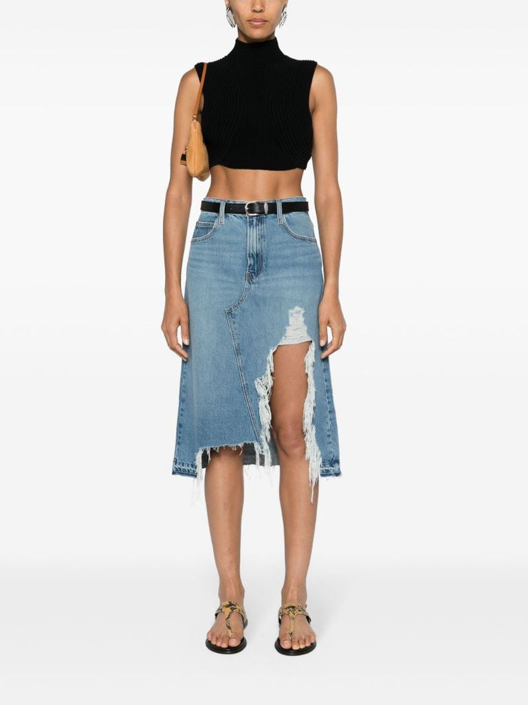 Blue Distressed Asymmetric Denim Skirt