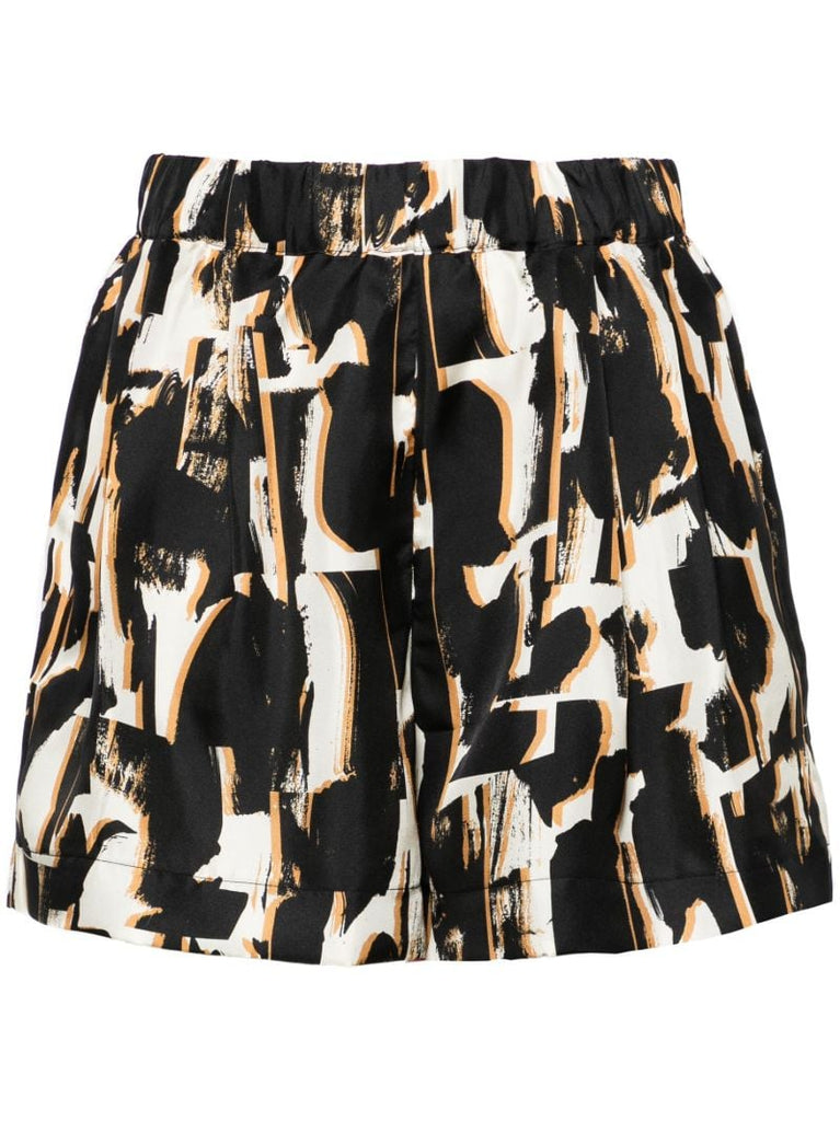 Brown Abstract-print Silk Shorts