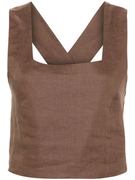 Brown Criss-cross Linen Tank Top