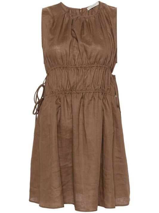 Brown Gathered Linen Mini Dress