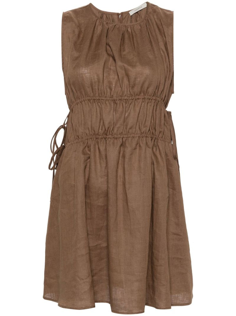 Brown Gathered Linen Mini Dress