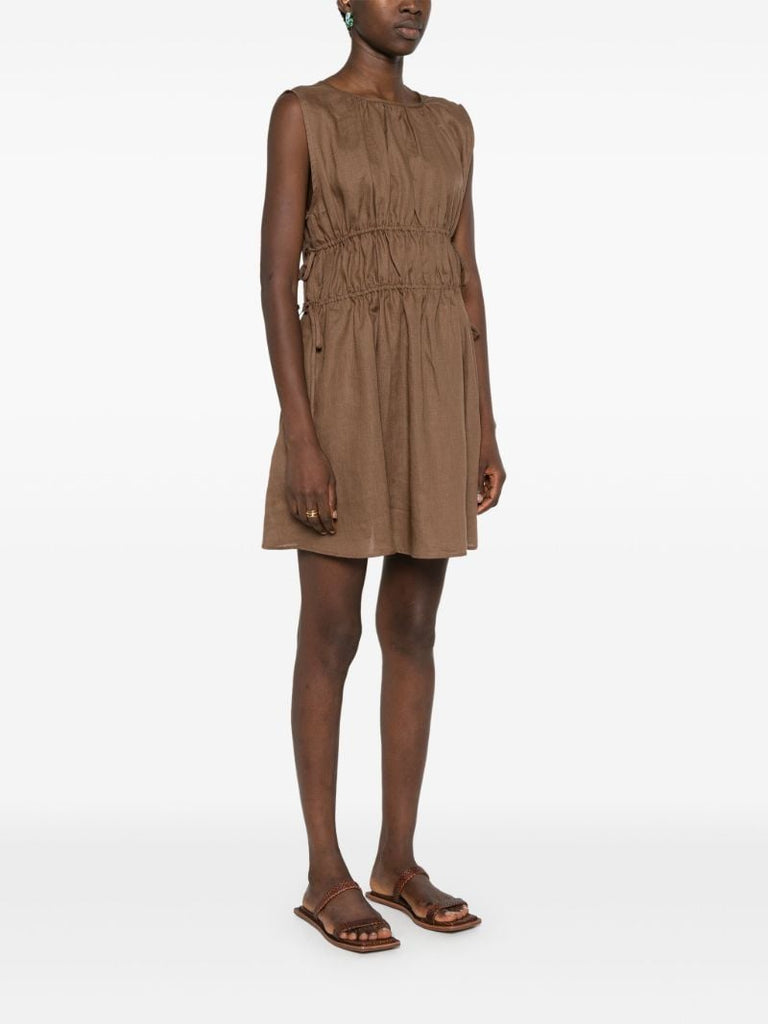 Brown Gathered Linen Mini Dress