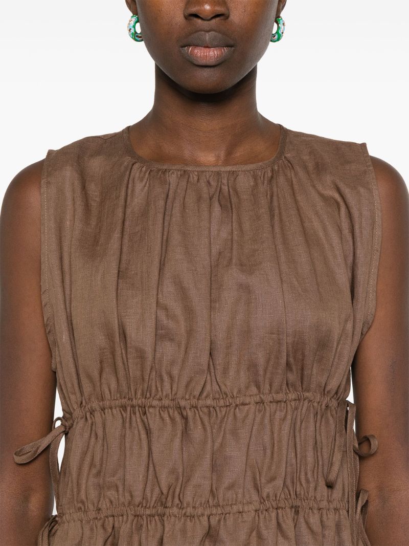 Brown Gathered Linen Mini Dress