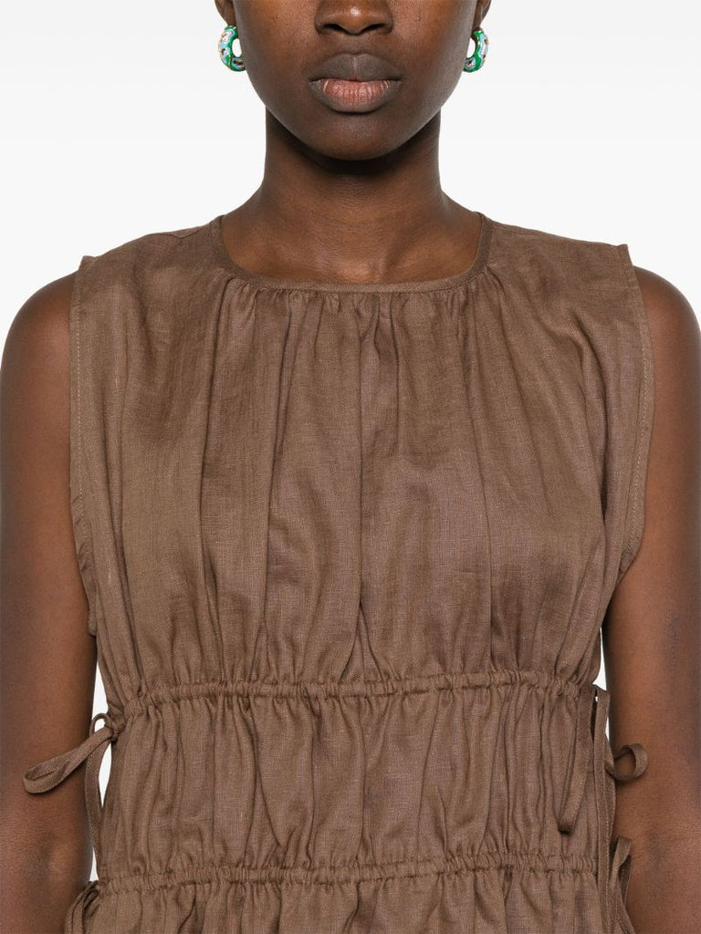 Brown Gathered Linen Mini Dress