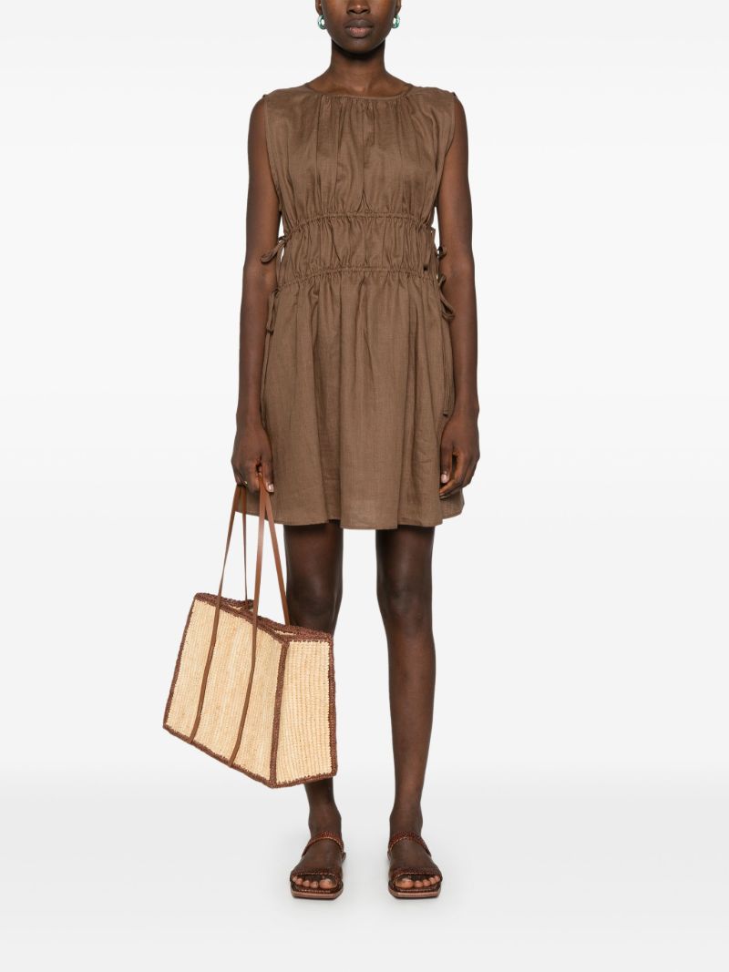Brown Gathered Linen Mini Dress