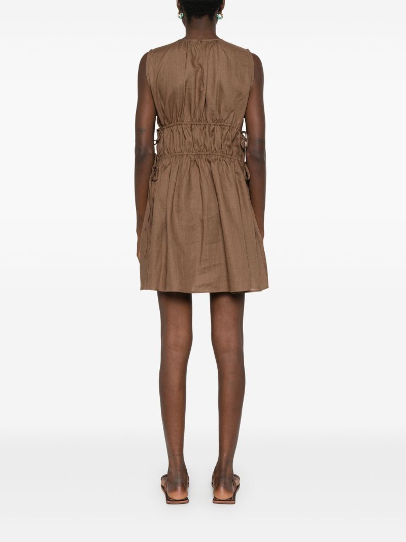 Brown Gathered Linen Mini Dress