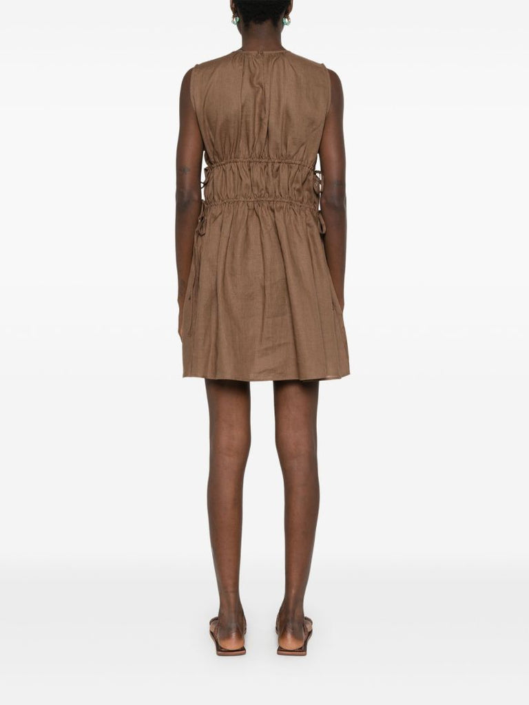 Brown Gathered Linen Mini Dress