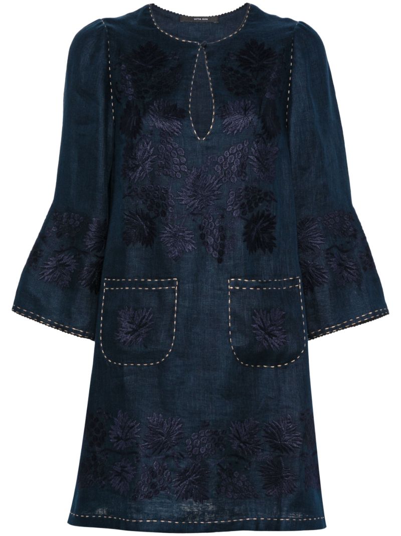 Blue Floral-embroidered Linen Mini Dress