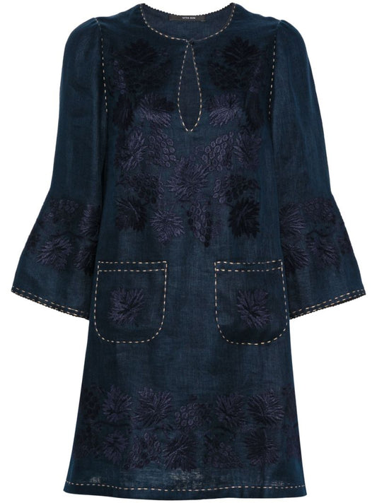 Blue Floral-embroidered Linen Mini Dress