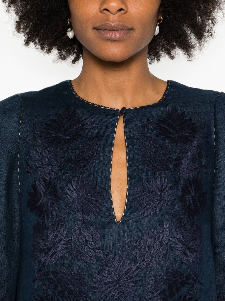 Blue Floral-embroidered Linen Mini Dress