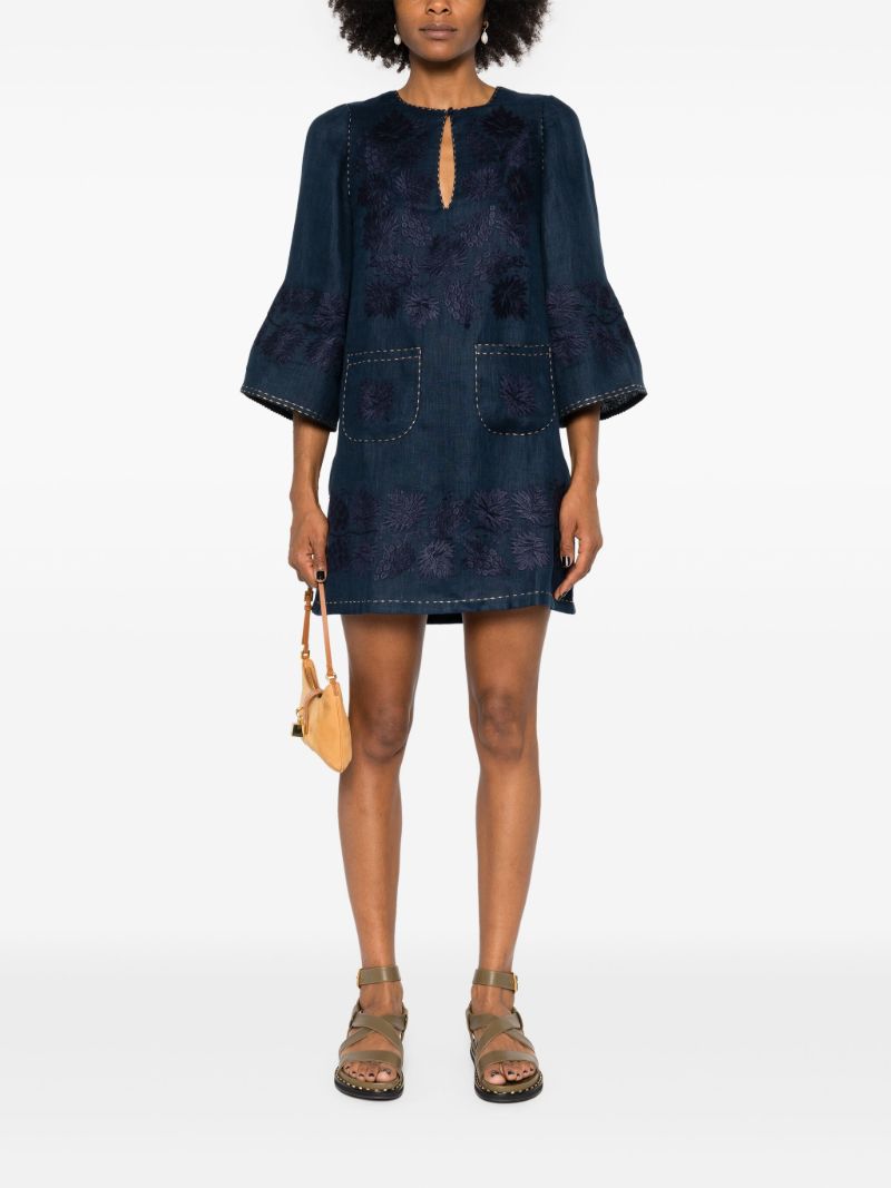 Blue Floral-embroidered Linen Mini Dress
