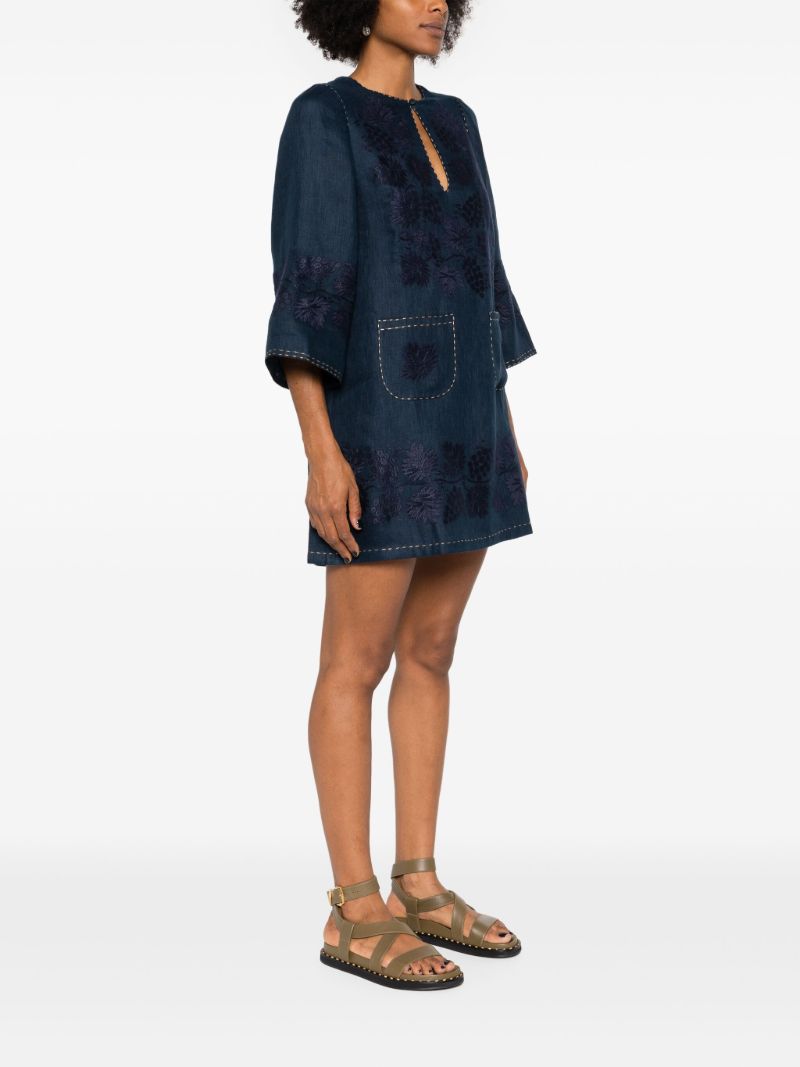 Blue Floral-embroidered Linen Mini Dress