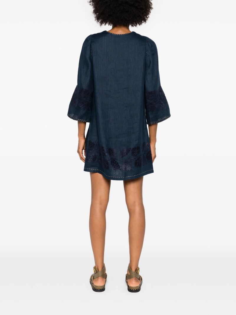 Blue Floral-embroidered Linen Mini Dress