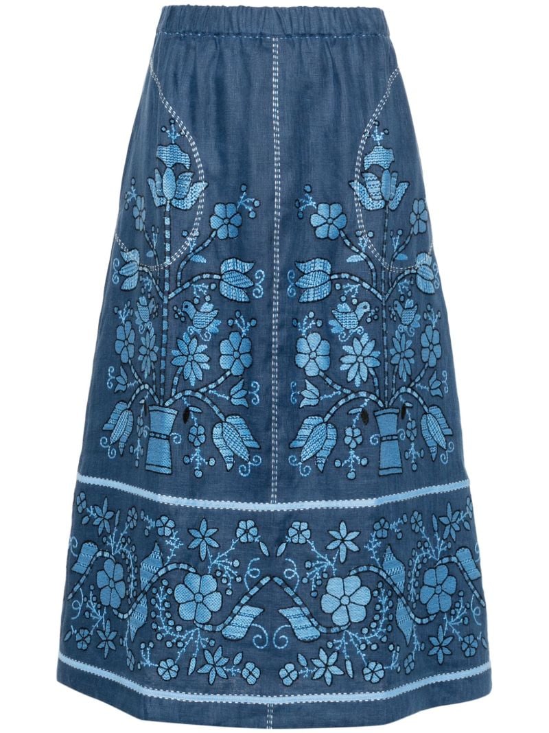 Blue Floral-embroidery Linen Midi Skirt
