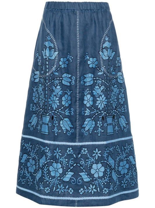 Blue Floral-embroidery Linen Midi Skirt